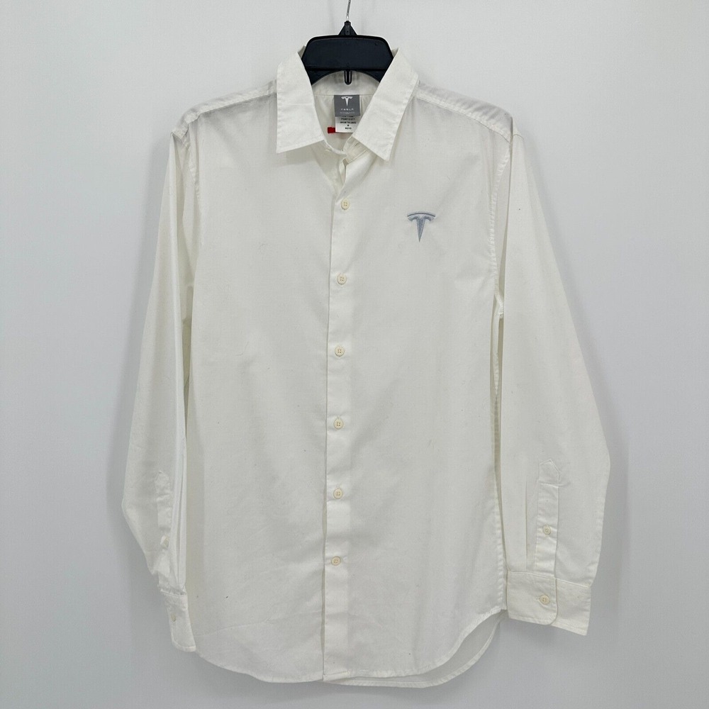Tesla Button Up Shirt Mens Medium White Work Uniform Elon Musk Electric Car DOGE